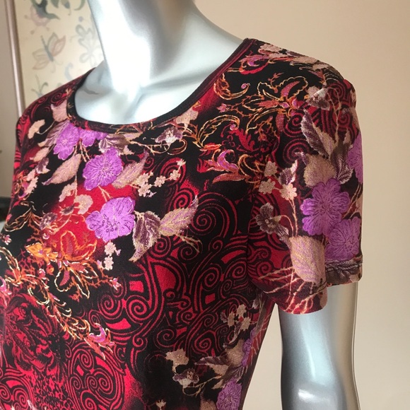 90’s Y2k Floral Black Red Mesh Blouse Graphic Shirt Short Sleeve Top Medium - Picture 3 of 13
